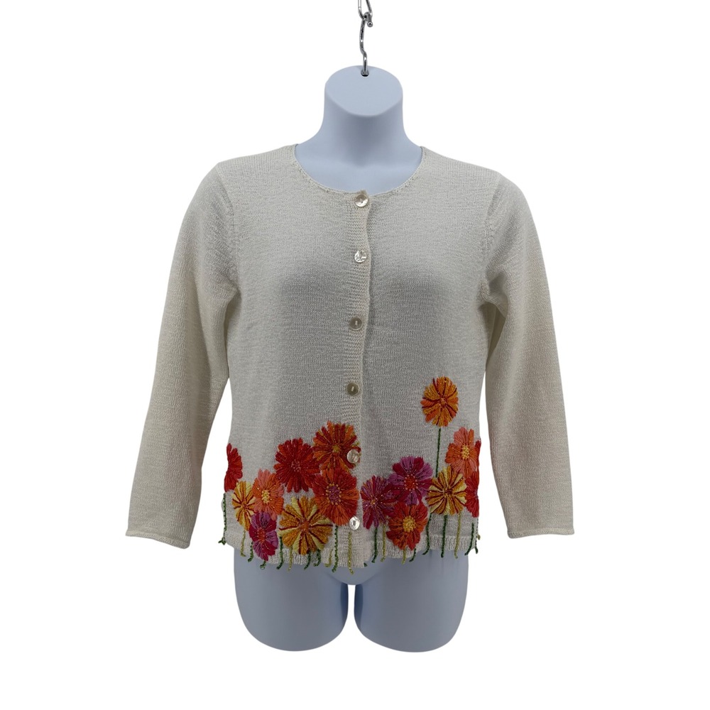 Susan Bristol Cotton Blend Floral Embroidered Beaded Cardigan Sweater Cream L